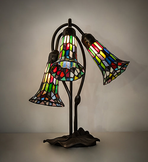 Meyda Tiffany Lighting 251692 Stained Glass Pond Lily Three Light Table Lamp Lamp Bronze / Dark