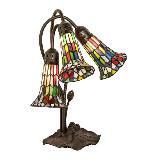 Meyda Tiffany Lighting 251692 Stained Glass Pond Lily Three Light Table Lamp Lamp Bronze / Dark