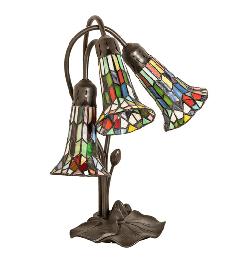 Meyda Tiffany Lighting 251692 Stained Glass Pond Lily Three Light Table Lamp Lamp Bronze / Dark