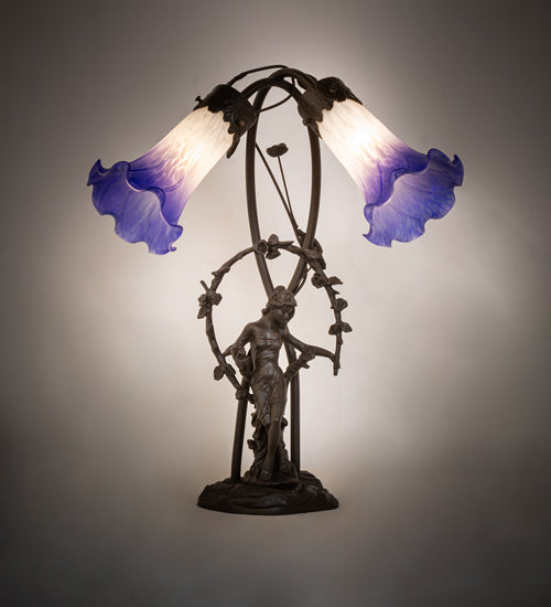 Meyda Tiffany Lighting 251856 Blue/White Pond Lily Two Light Table Lamp Lamp Bronze / Dark