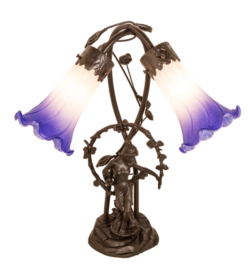Meyda Tiffany Lighting 251856 Blue/White Pond Lily Two Light Table Lamp Lamp Bronze / Dark