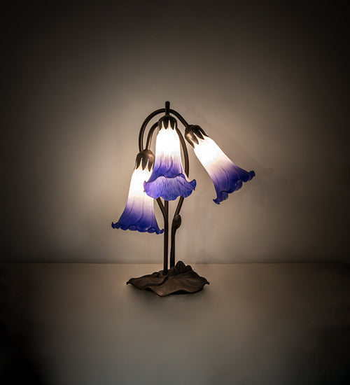 Meyda Tiffany Lighting 251859 Blue/White Pond Lily Three Light Table Lamp Lamp Bronze / Dark