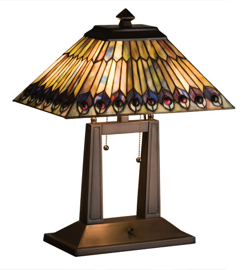 Meyda Tiffany Lighting 26300 Tiffany Jeweled Peacock Two Light Table Lamp Lamp Bronze / Dark