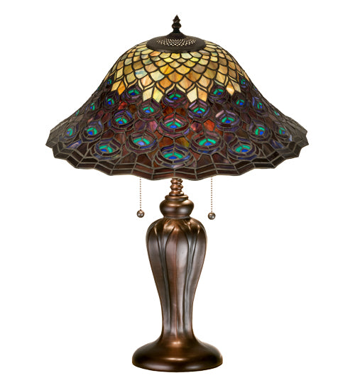 Meyda Tiffany Lighting 26666 Tiffany Peacock Feather Two Light Table Lamp Lamp Bronze / Dark