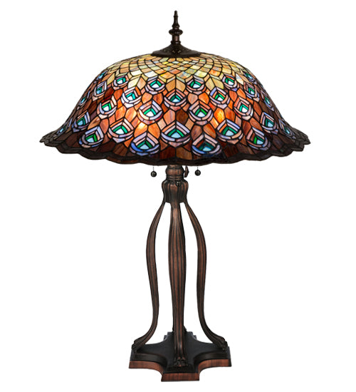 Meyda Tiffany Lighting 28504 Tiffany Peacock Feather Three Light Table Lamp Lamp Bronze / Dark