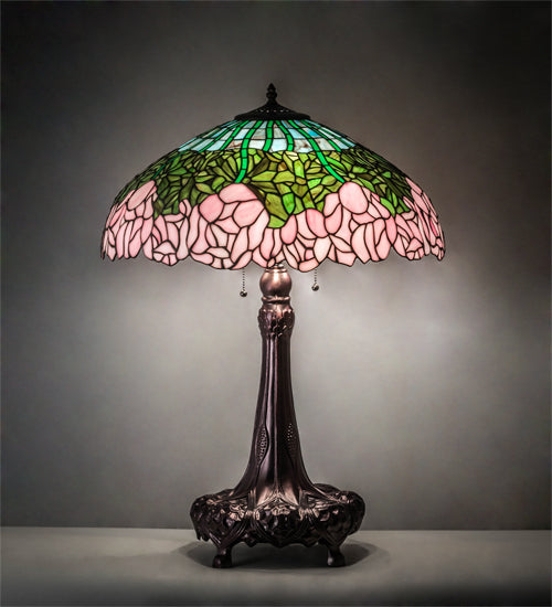 Meyda Tiffany Lighting 30513 Tiffany Cabbage Rose Three Light Table Lamp Lamp Bronze / Dark