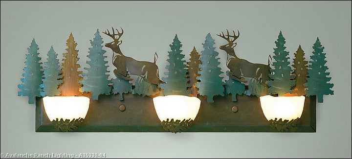 Avalanche Ranch Halogen-Deer A35331-04 Bath Vanity Light 36 in. wide - Pine Green/Rust Patina