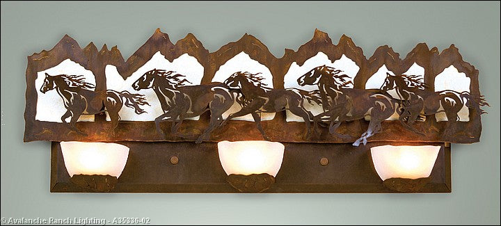 Avalanche Ranch Halogen-Horse/Mountain A35336-02 Bath Vanity Light 36 in. wide - Rust Patina