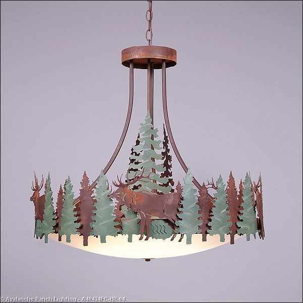 Avalanche Ranch Crestline-Elk A40434FC-HR-04 Pendant Light - Pine Green/Rust Patina