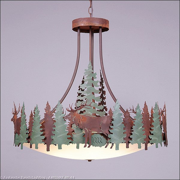 Avalanche Ranch Crestline-Elk A40534AF-HR-04 Pendant Light - Pine Green/Rust Patina