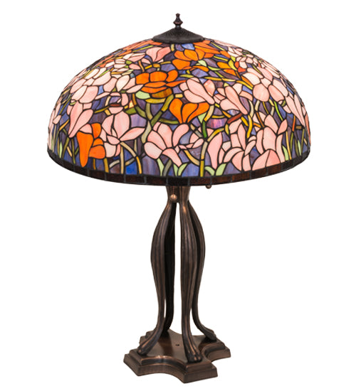 Meyda Tiffany Lighting 31146 Tiffany Magnolia Three Light Table Lamp Lamp Bronze / Dark