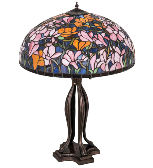 Meyda Tiffany Lighting 31146 Tiffany Magnolia Three Light Table Lamp Lamp Bronze / Dark