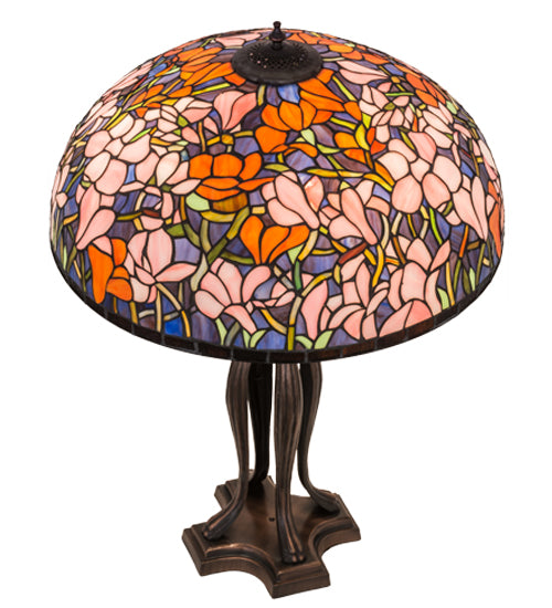 Meyda Tiffany Lighting 31146 Tiffany Magnolia Three Light Table Lamp Lamp Bronze / Dark