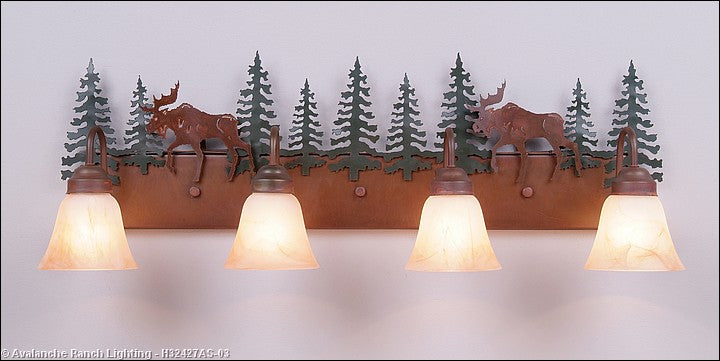 Avalanche Ranch Denali-Mountain Moose H32427AS-03 Bath Vanity Light 35 in. wide - Cedar Green/Rust Patina