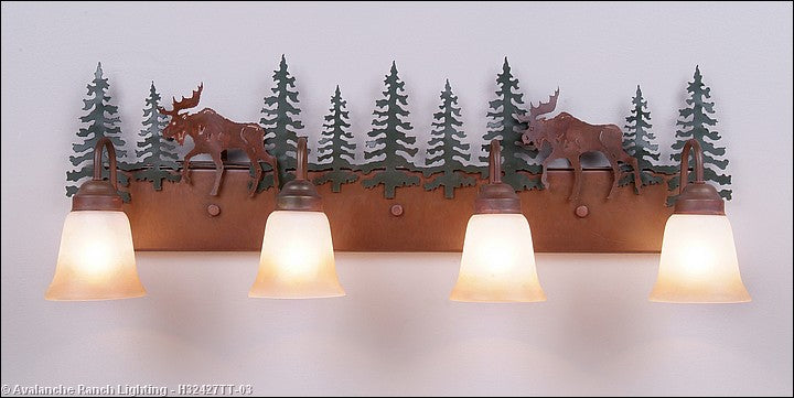 Avalanche Ranch Denali-Mountain Moose H32427TT-03 Bath Vanity Light 35 in. wide - Cedar Green/Rust Patina