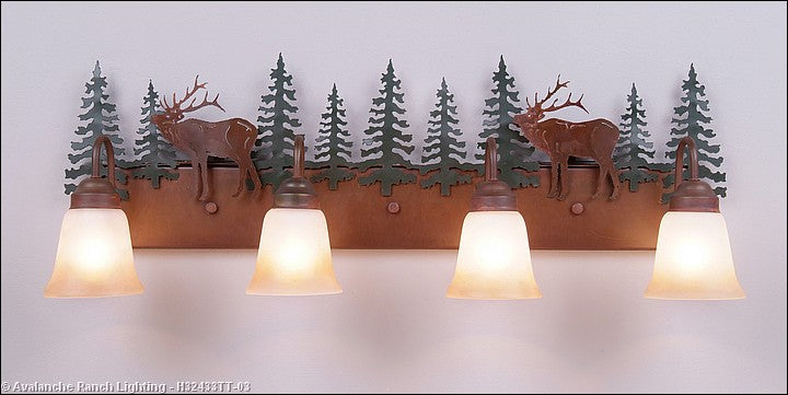 Avalanche Ranch Denali-Mountain Elk H32433TT-03 Bath Vanity Light 35 in. wide - Cedar Green/Rust Patina