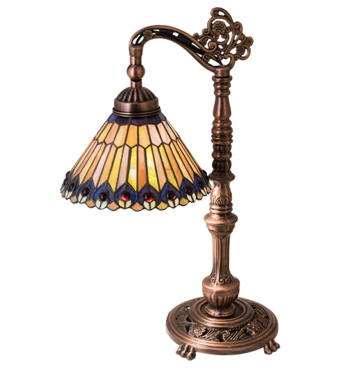 Meyda Tiffany Lighting 32738 Tiffany Jeweled Peacock One Light Bridge Arm Desk Lamp Lamp Bronze / Dark