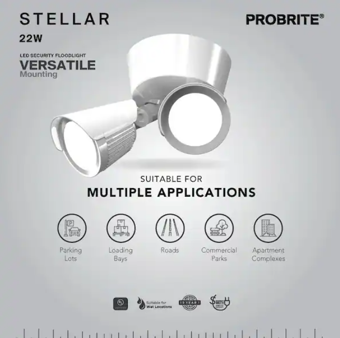 22 Watt White Outdoor LED Security Flood Light, Wall Mount, 2250 Lumens, Twin Head 5 CCT Tunable Security Light