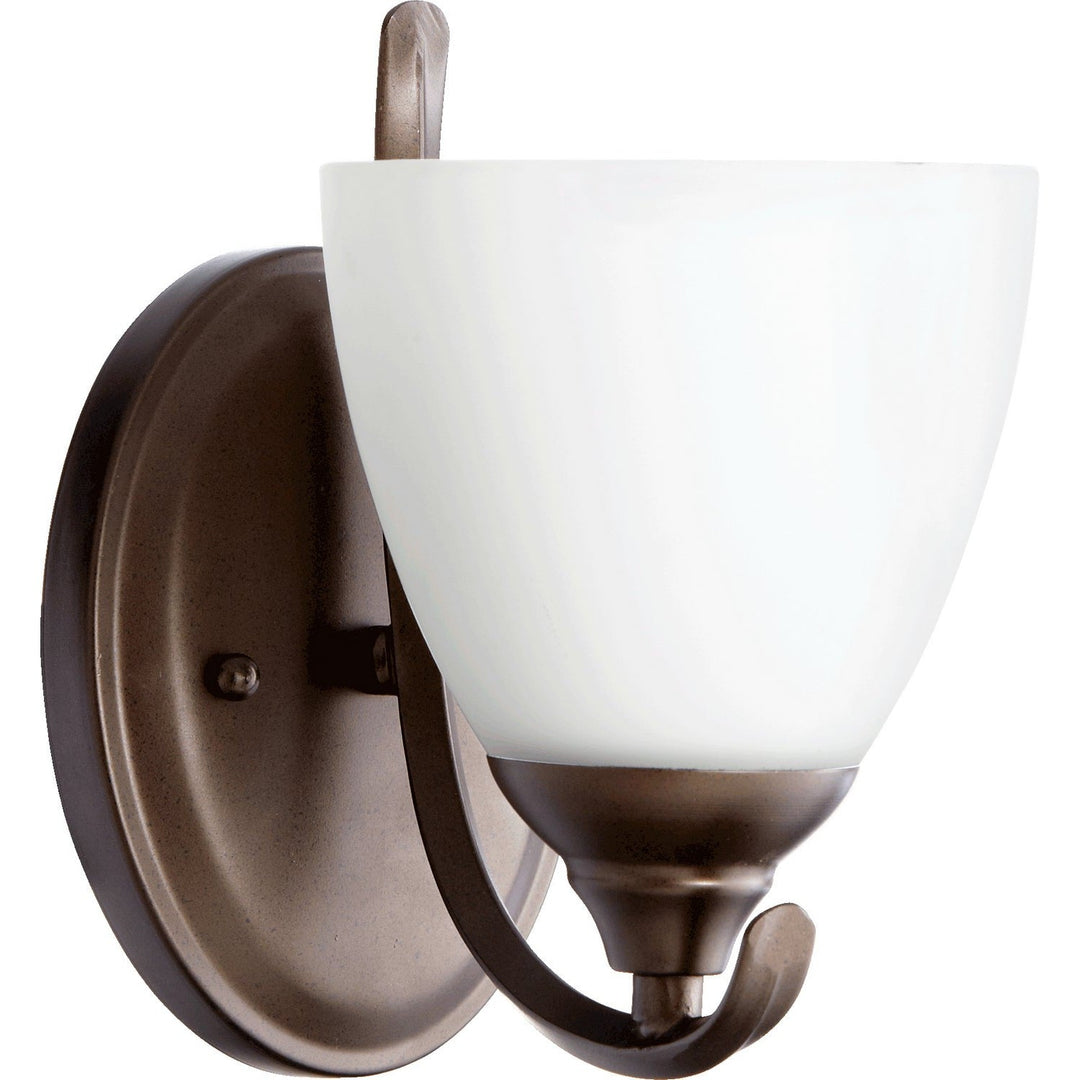 Quorum Powell 5508-1-86 Wall Sconce Light - Oiled Bronze W/ Satin Opal, Weathered Pine/Weathered Pine/