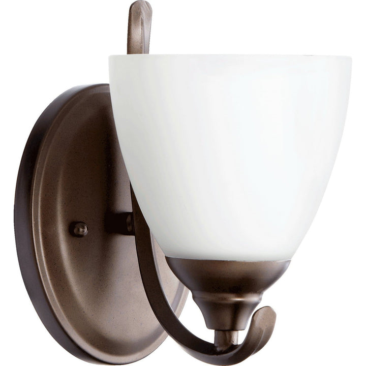 Quorum Powell 5508-1-86 Wall Sconce Light - Oiled Bronze W/ Satin Opal, Weathered Pine/Weathered Pine/