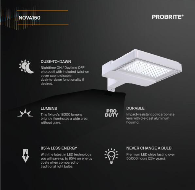 White LED Area Flood Light Fixture, Slipfitter & SP1 Mounting Hardware, Photocell Included, 120-277V, 4000K, Dimming Driver