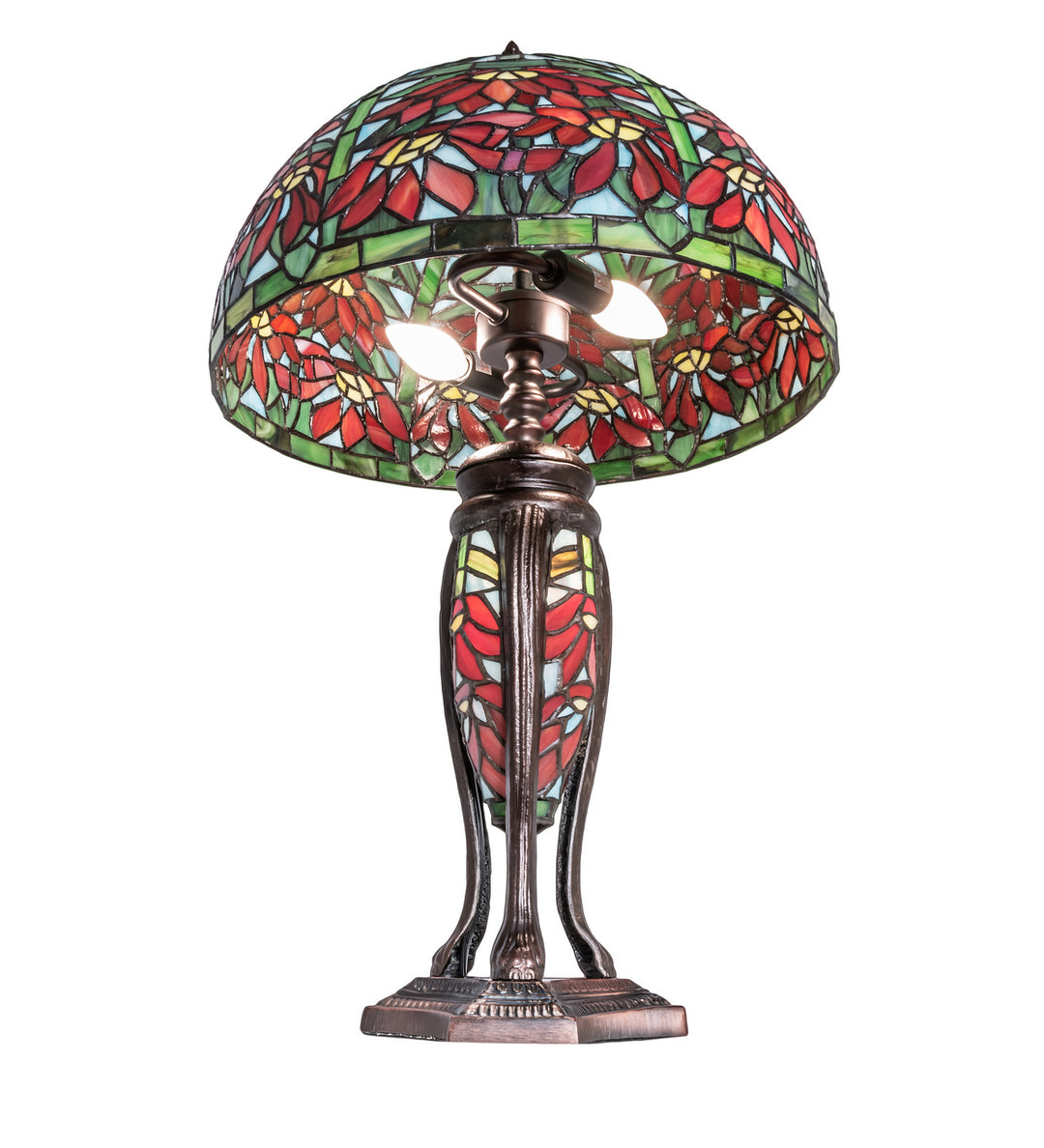 Meyda Tiffany Lighting 65896 Tiffany Poinsettia Three Light Table Lamp Lamp Bronze / Dark