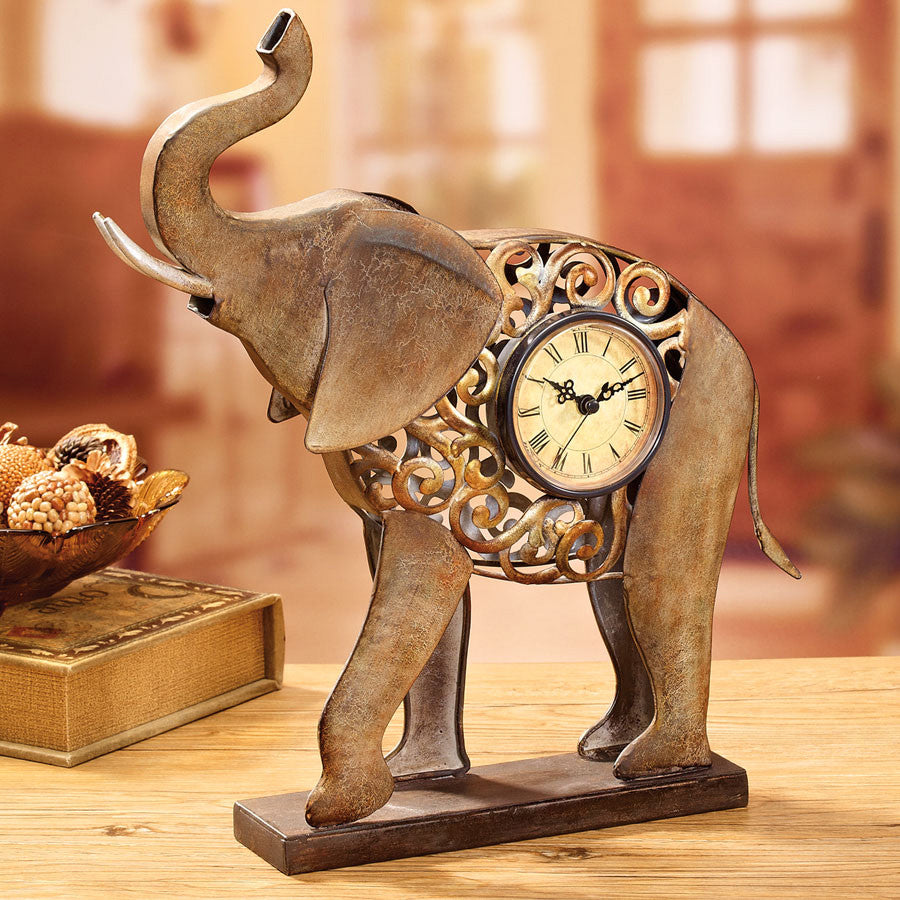 Decoflair & Decoglow DFA2190 Desk Clock Desk Clock - Rustic Elephant Home Decor Two-Tone