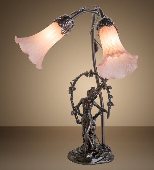 Meyda Tiffany Lighting 68596 Pink Pond Lily Two Light Accent Lamp Lamp Bronze / Dark