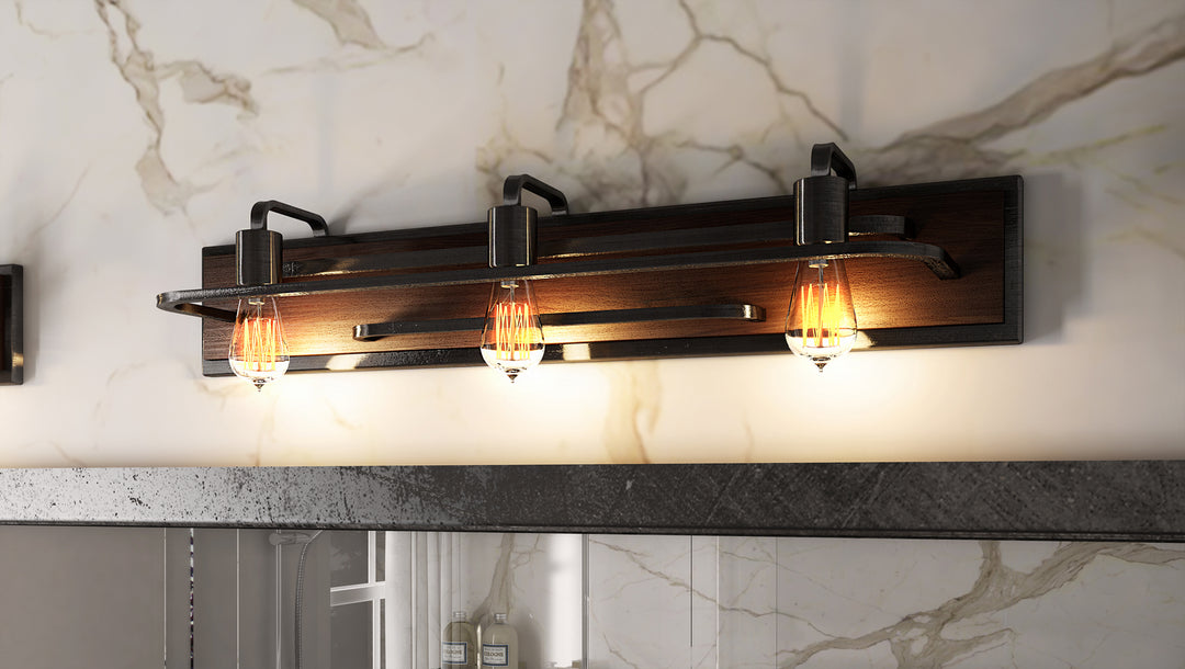 Varaluz Lofty 268B03SL Bath Vanity Light 26 in. wide - Steel, the wood lends warmth. It`s Industrial design remixed to delightful new heights."/