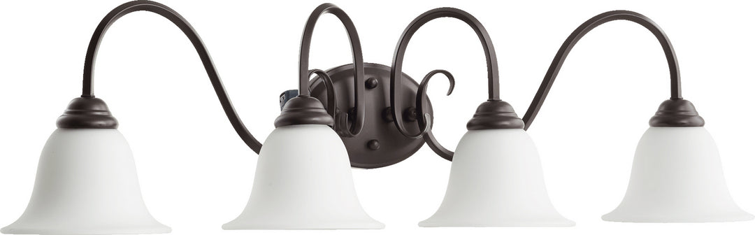 Quorum Spencer 5110-4-186 Bath Vanity Light 34 in. wide - Oiled Bronze W/ Satin Opal, Matte Black/Matte Black/