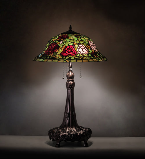 Meyda Tiffany Lighting 71388 Tiffany Rosebush Three Light Table Lamp Lamp Bronze / Dark