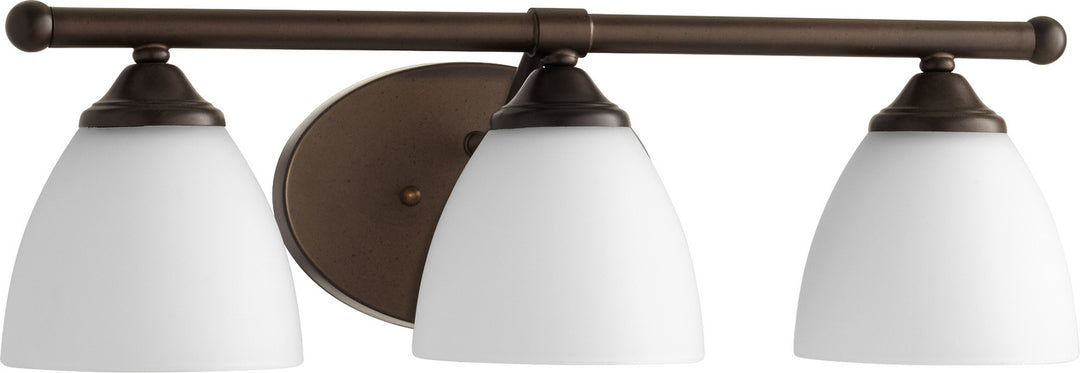 Quorum Brooks 5150-3-86 Bath Vanity Light 21 in. wide - Oiled Bronze W/ Satin Opal, Weathered Oak/Weathered Oak/