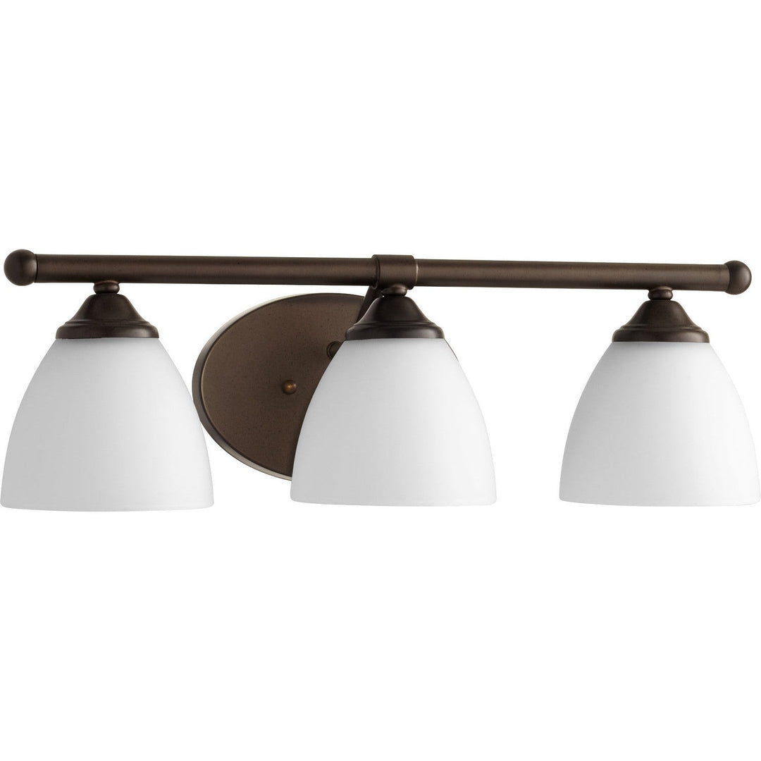 Quorum Brooks 5150-3-86 Bath Vanity Light 21 in. wide - Oiled Bronze W/ Satin Opal, Weathered Oak/Weathered Oak/