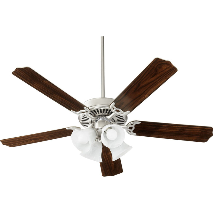 Quorum Capri IX 7525-165 Ceiling Fan 52 in. - Satin Nickel w/ Faux Alabaster, Silver/Walnut