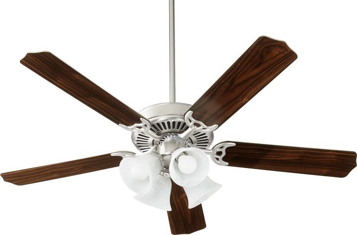 Quorum Capri IX 7525-165 Ceiling Fan 52 in. - Satin Nickel w/ Faux Alabaster, Silver/Walnut