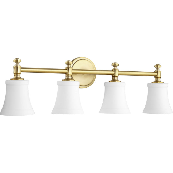Quorum Rossington 5122-4-80 Bath Vanity Light 30 in. wide - Aged Brass W/ Satin Opal