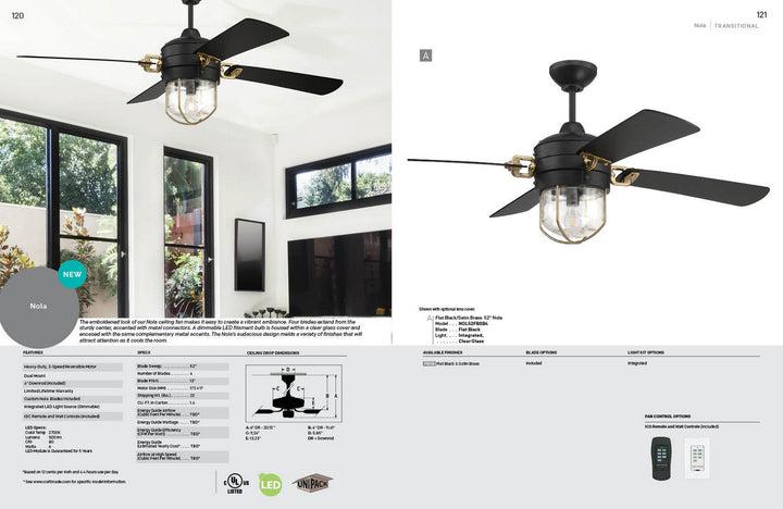 Craftmade Nola NOL52FBSB4 Ceiling Fan 52 - Flat Black/Satin Brass, Flat Black/Flat Black/