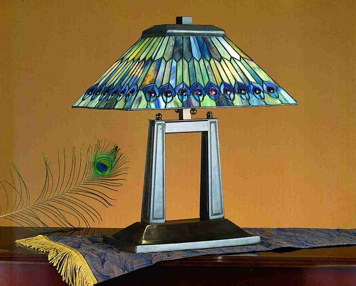 Meyda Tiffany Lighting 26300 Tiffany Jeweled Peacock Two Light Table Lamp Lamp Bronze / Dark