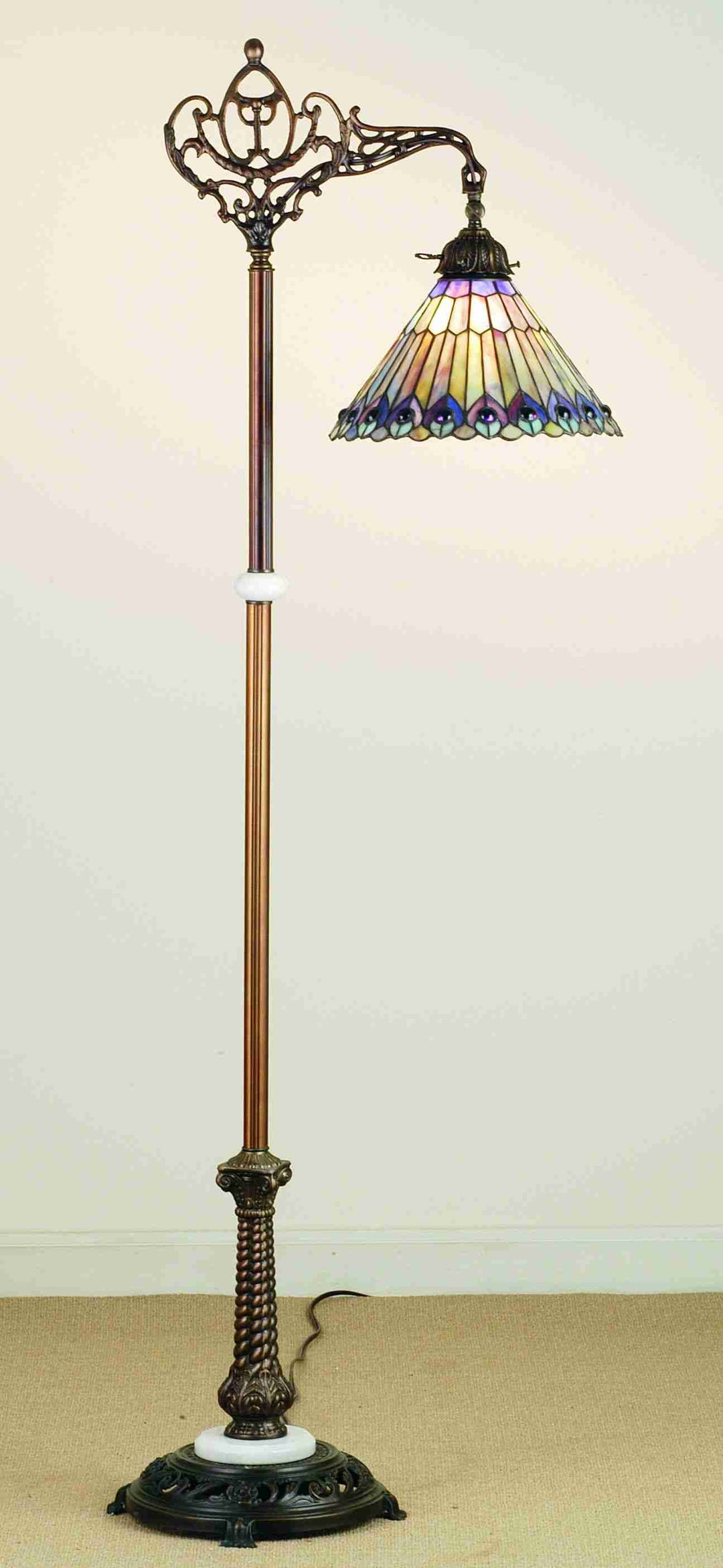 Meyda Tiffany Lighting 65841 Tiffany Jeweled Peacock One Light Bridge Arm Floor Lamp Lamp Bronze / Dark