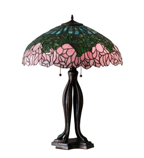 Meyda Tiffany Lighting 126904 Tiffany Cabbage Rose Three Light Table Lamp Lamp Bronze / Dark