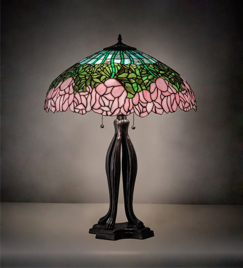 Meyda Tiffany Lighting 126904 Tiffany Cabbage Rose Three Light Table Lamp Lamp Bronze / Dark