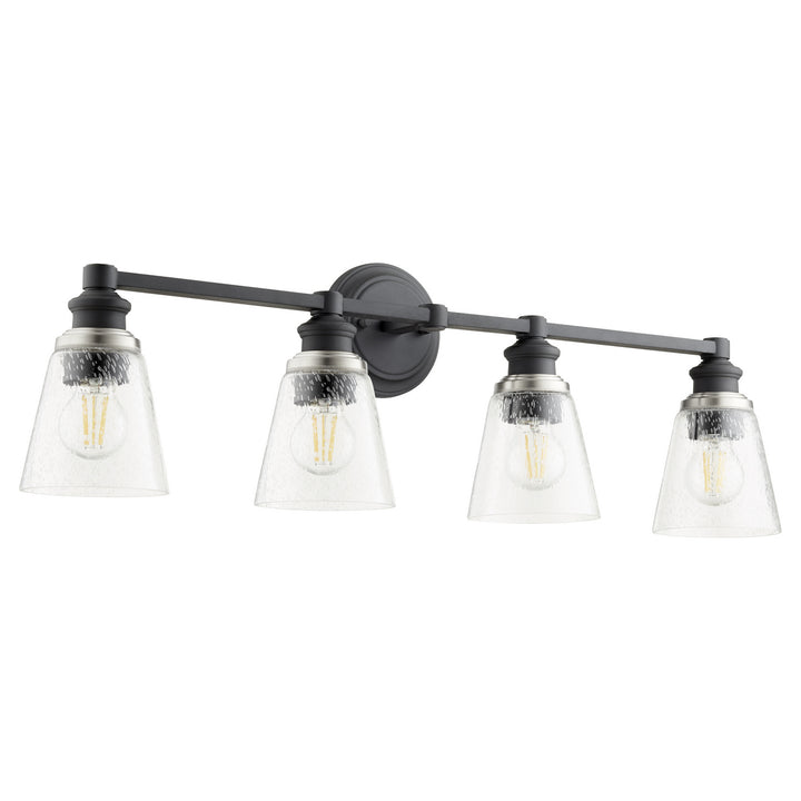 Quorum Dunbar 509-4-69 Bath Vanity Light 32 in. wide - Textured Black, Weathered Oak /Weathered Oak/