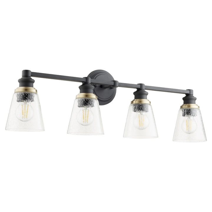 Quorum Dunbar 509-4-69 Bath Vanity Light 32 in. wide - Textured Black, Weathered Oak /Weathered Oak/