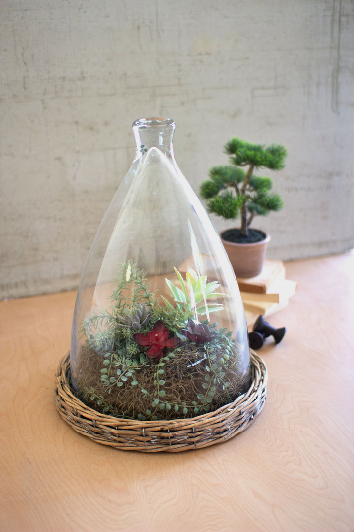 Kalalou Lighting CLAN1078  Glass Cloche With Wicker Base Home Decor Bronze / Dark