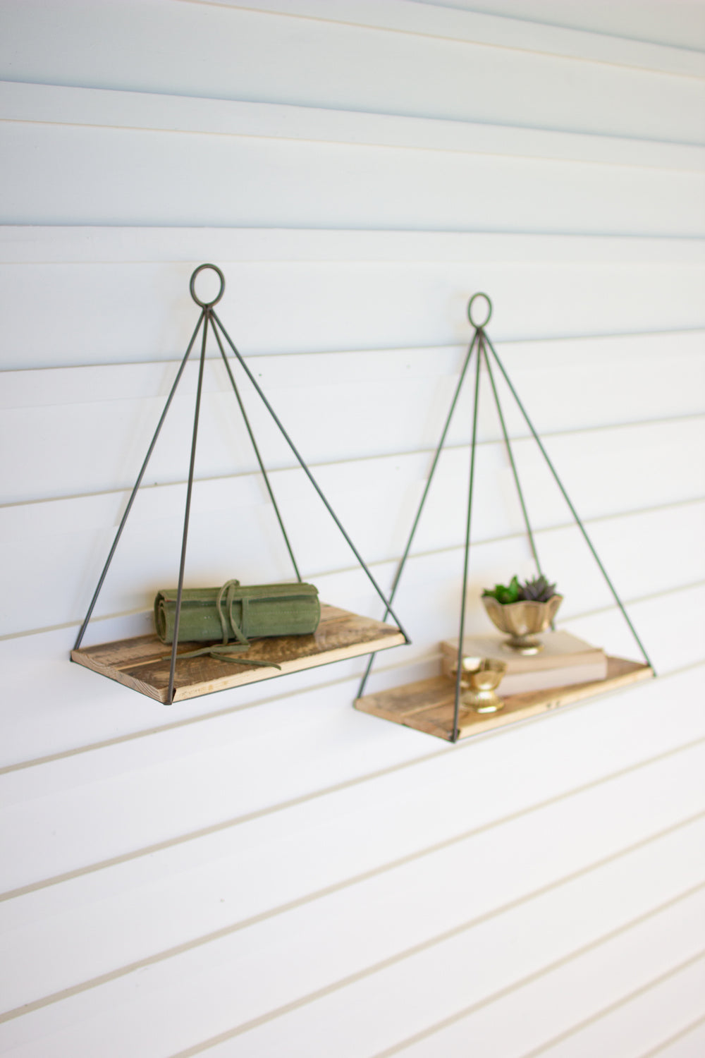 Kalalou Lighting CQ7538  Set Of Two Triangle Shelves With Recycled Wood Home Decor Bronze / Dark