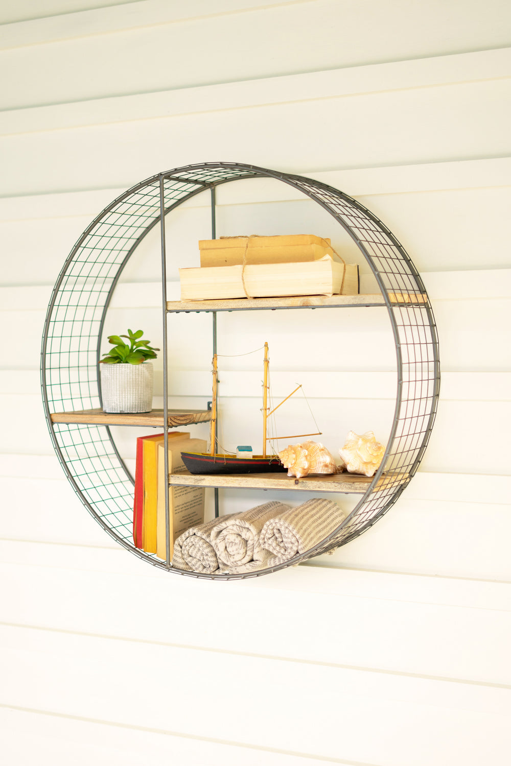 Kalalou Lighting CQ7541  Round Wire Mesh And Recycled Wood Shelving Unit Home Decor Bronze / Dark