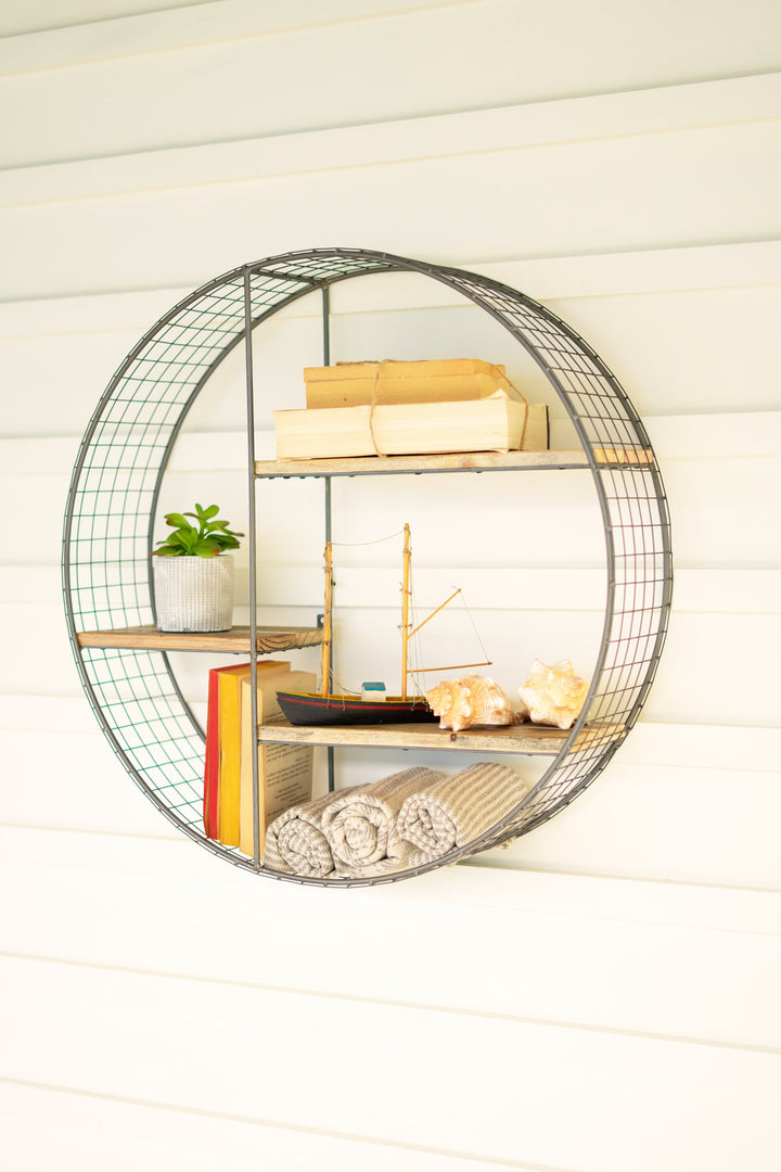 Kalalou Lighting CQ7541  Round Wire Mesh And Recycled Wood Shelving Unit Home Decor Bronze / Dark