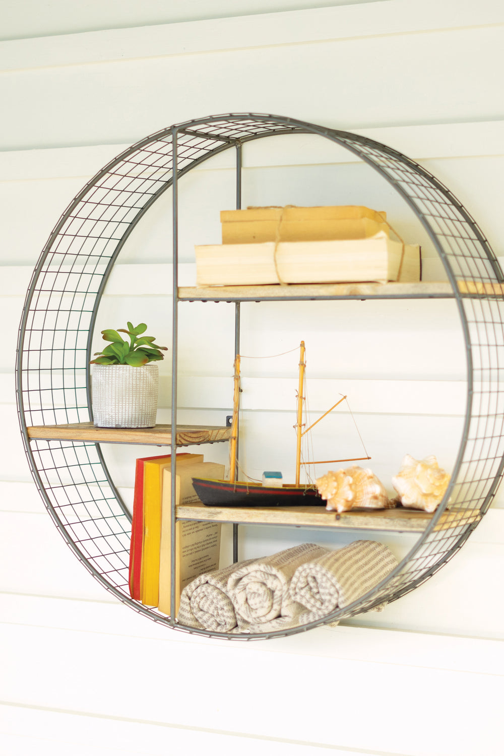 Kalalou Lighting CQ7541  Round Wire Mesh And Recycled Wood Shelving Unit Home Decor Bronze / Dark