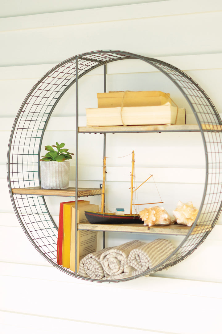 Kalalou Lighting CQ7541  Round Wire Mesh And Recycled Wood Shelving Unit Home Decor Bronze / Dark