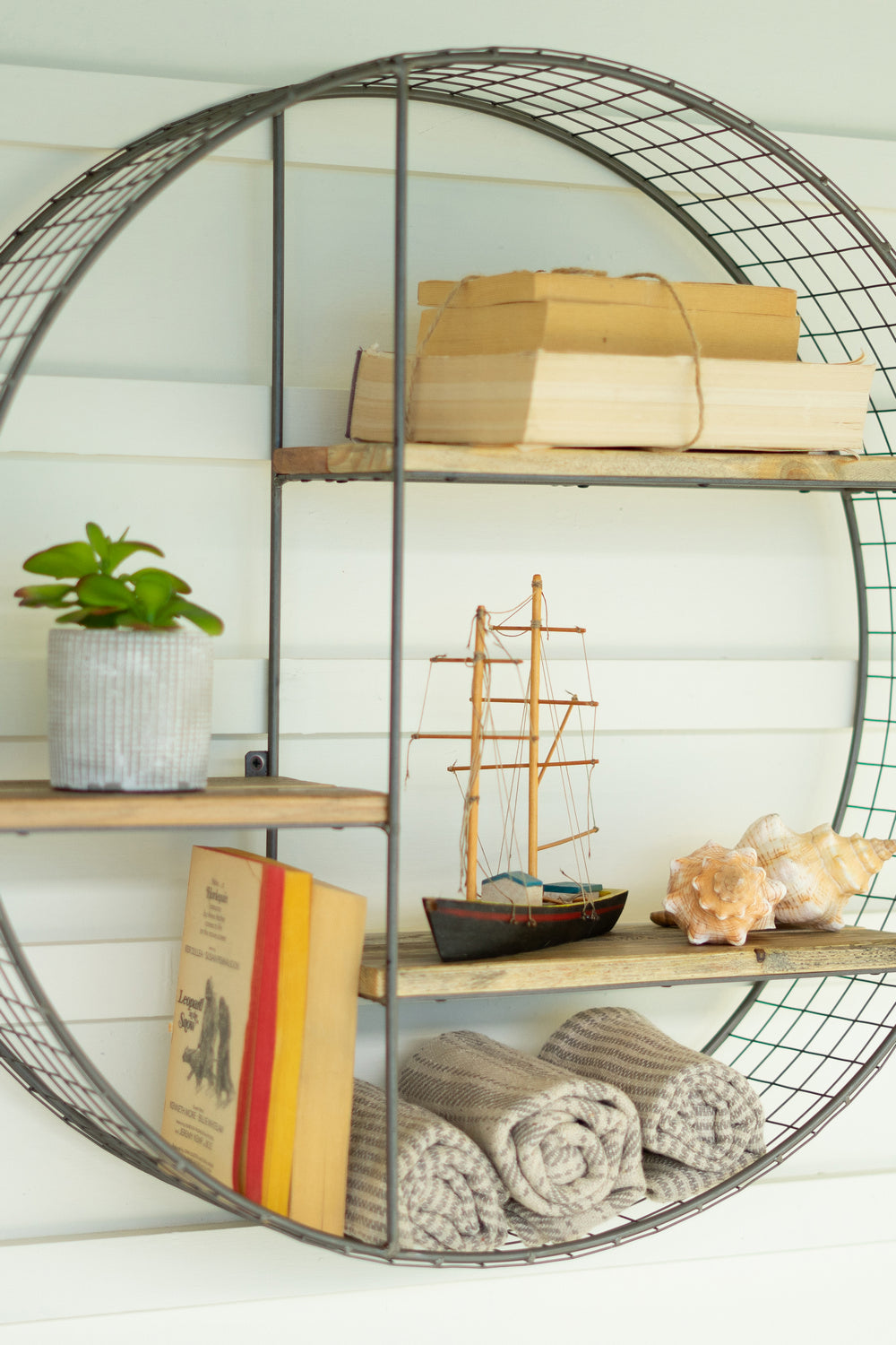 Kalalou Lighting CQ7541  Round Wire Mesh And Recycled Wood Shelving Unit Home Decor Bronze / Dark